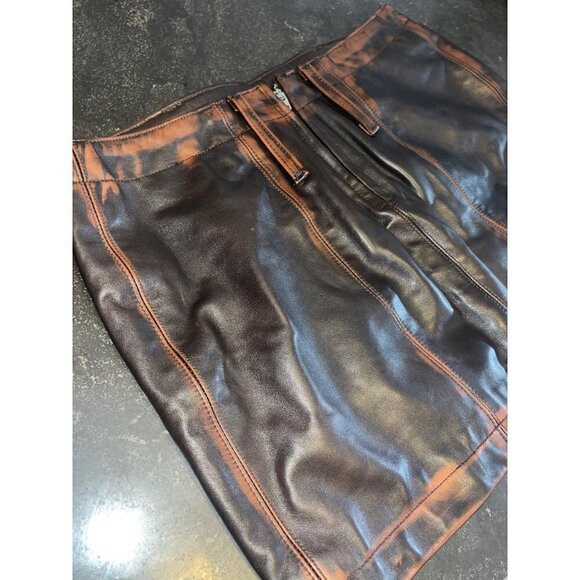 MIMCHIK Leather Mini Skirt in Brown Leather Large Womens Distressed - Picture 7 of 11